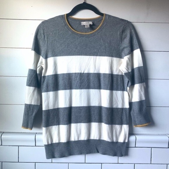 LOFT sweater womens grey/white striped 3/4 sleeve sweater medium - Picture 2 of 5
